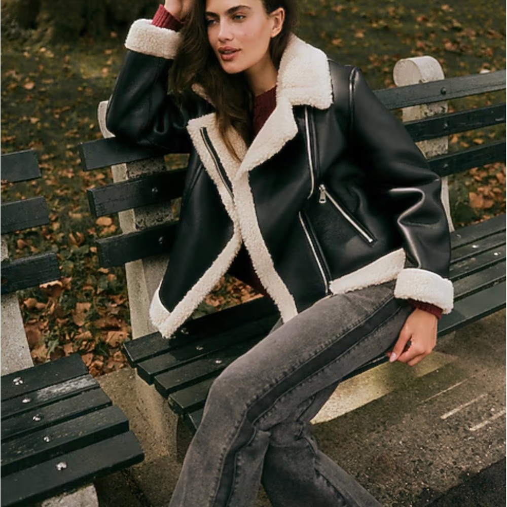 Express Black Faux Leather Jacket with Cream Sherpa Lining